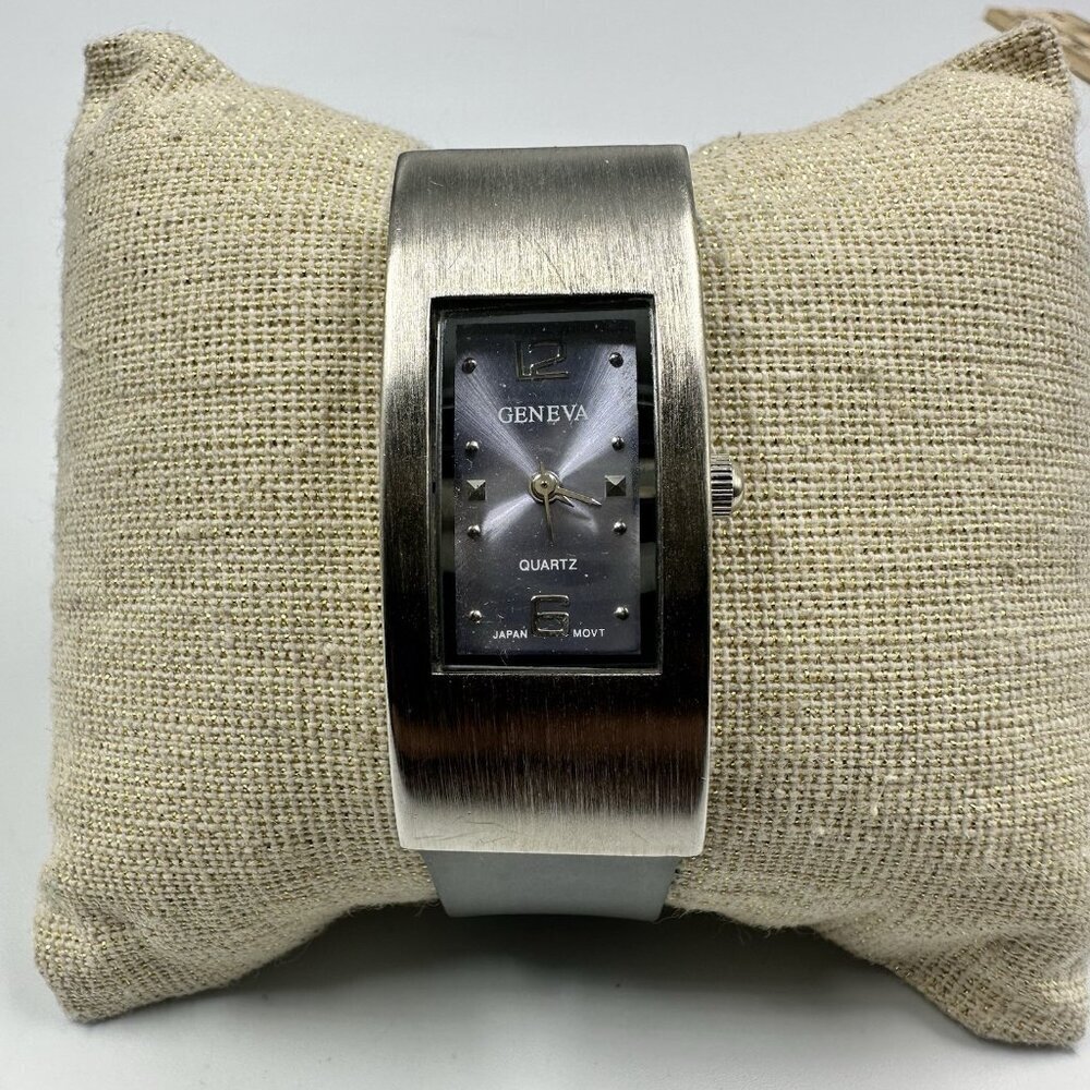 3/$30 Geneva Watch Women Silver Tone Long Rectangle Case Purple Dial  9"